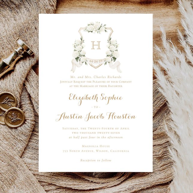 White Hydrangea Greenera Wappen Monogram Wedding Einladung (Von Creator hochgeladen)