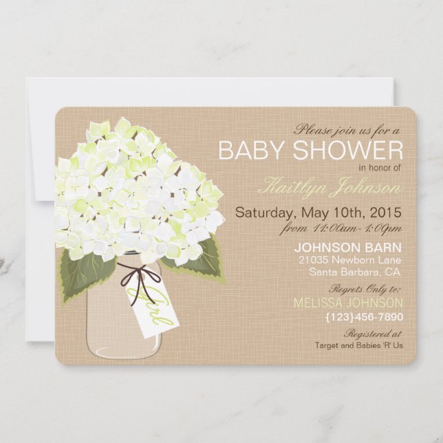 White Hydrangea Mason Jar Rustic Baby Dusche Einladung (Vorderseite)