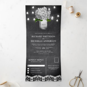 White Hydrangea Mason Jar String Lights Wedding Dreifach Gefaltete Einladung
