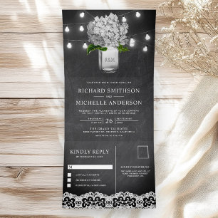 White Hydrangea Mason Jar String Lights Wedding Dreifach Gefaltete Einladung