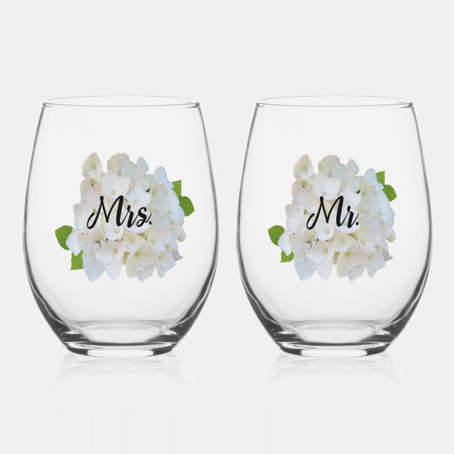 White Hydrangea Mr. and Mrs Stemless Wine Glass Weinglas Ohne Stiel (Vorderseite)