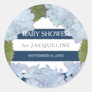 White Hydrangea Navy Blue Striping Baby Dusche Runder Aufkleber