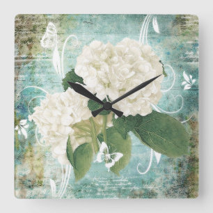 White hydrangea quadratische wanduhr