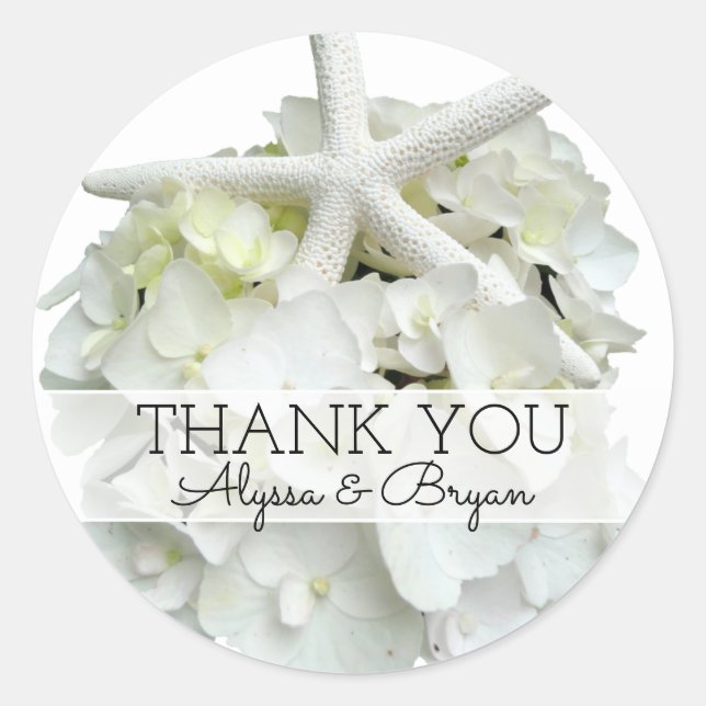 White Hydrangea Starfish Wedding Vielen Dank Runder Aufkleber (Vorderseite)