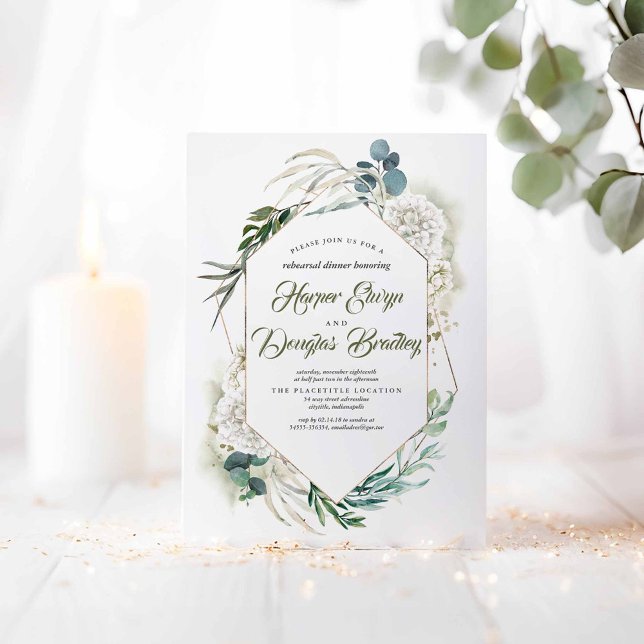 White Hydrangea und Greenery Probe Dinner Einladung (Greenery Rehearsal Dinner Invitations)