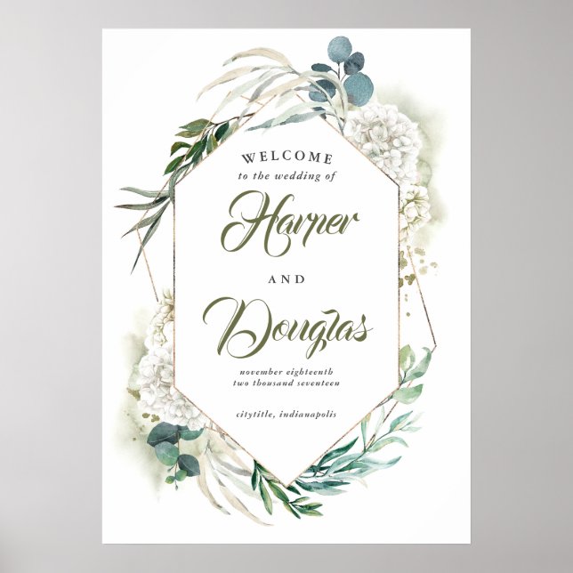 White Hydrangea und Grüne Hochzeit Begrüßungszeich Poster (Vorne)