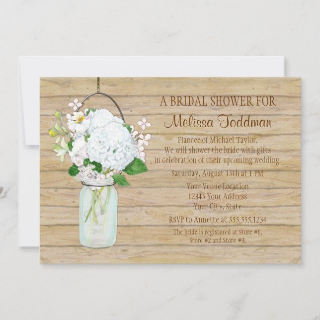 White Hydrangea Wassercolor Mason Jar Blume Einladung (Vorderseite)