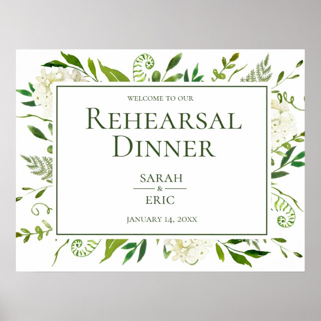 White Hydrangeas Floral Probe Dinner Zeichen Poster (Vorne)