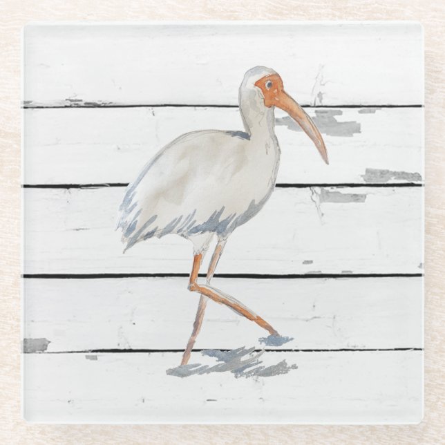 White Ibis Nautical Beach Deco Glass Untersetzer (Vorderseite)