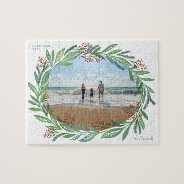 White Illustrated Leaf Wreath Foto Frame Puzzle (Horizontal)