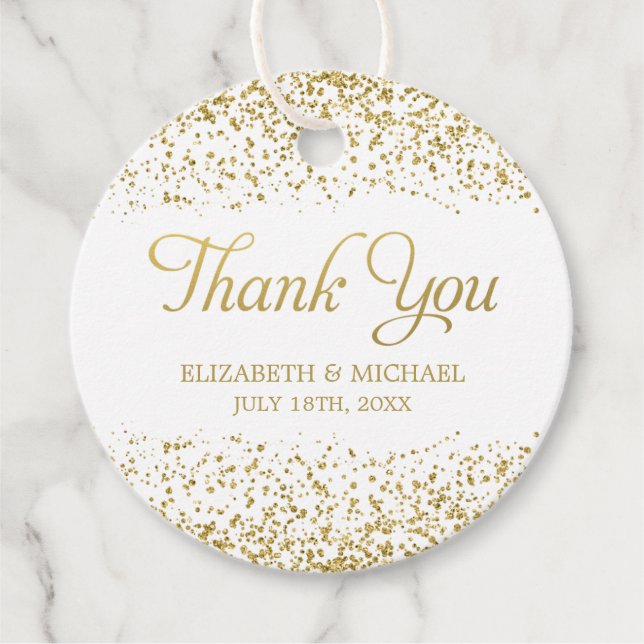 White Imitats Gold Glitzer Gastgeschenk Hochzeit V Geschenkanhänger (Vorderseite)