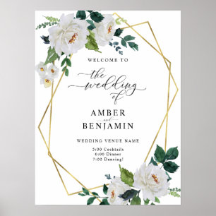White Ivory Emerald Blätter Floral Wedding Willkom Poster