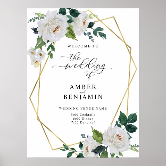 White Ivory Emerald Blätter Floral Wedding Willkom Poster (Vorne)