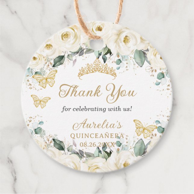 White Ivory Floral Gold Schmetterlinge Princess Ti Geschenkanhänger (Vorderseite)