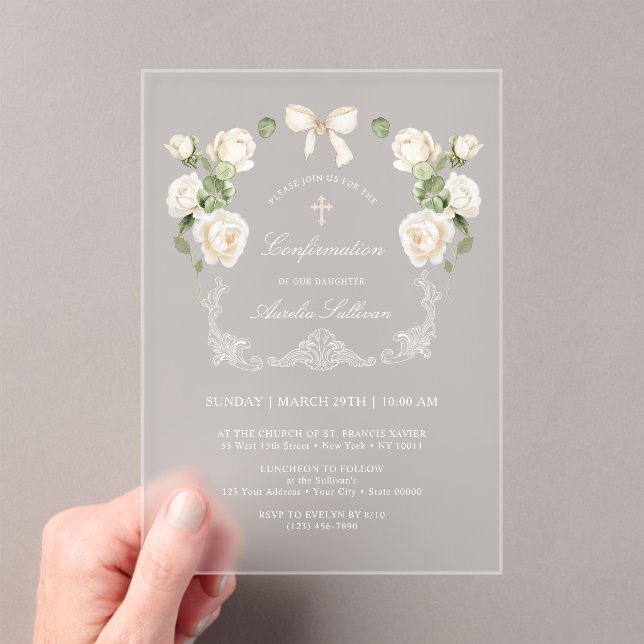 White Ivory Roses Frame Confirmation Acryleinladungen (Insitu (Handheld))