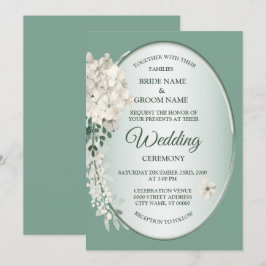 White Jasmine Floral Green Geometric Wedding Einladung