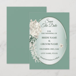 White Jasmine Floral Green Geometric Wedding Save The Date
