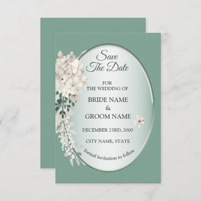 White Jasmine Floral Green Geometric Wedding Save The Date (Vorne/Hinten)