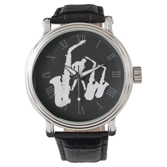 White Jazz Sax Jazzman Roman Numerals W3 Armbanduhr (Vorderseite)