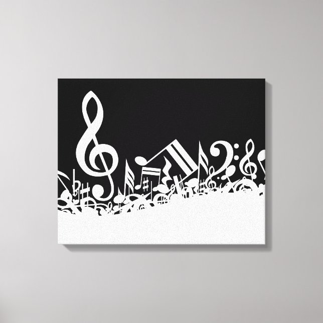White Jumbled Musical Notes on Black Leinwanddruck (Vorderseite)