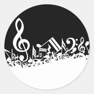 White Jumbled Musical Notes on Black Runder Aufkleber