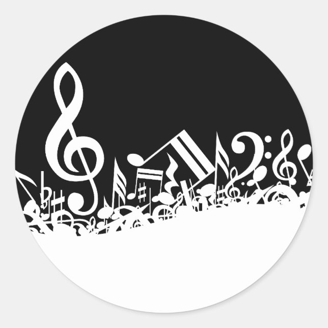 White Jumbled Musical Notes on Black Runder Aufkleber (Vorderseite)