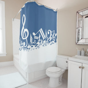 White Jumbled Musical Notes on Blue Duschvorhang