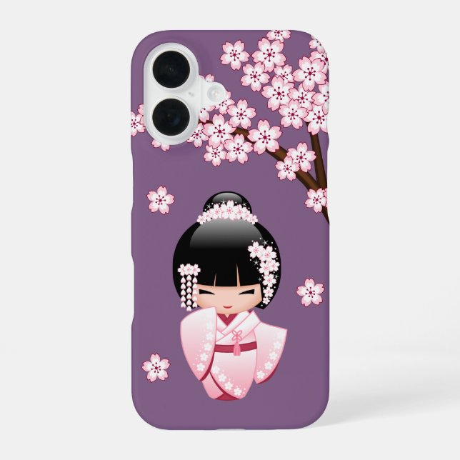 White Kimono Kokeshi Doll Cute Geisha Girl Purple iPhone 16 Hülle (Rückseite)