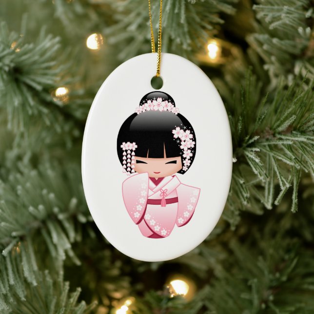 White Kimono Kokeshi Doll - Geisha Girl Keramik Ornament (Baum)