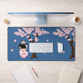 White Kimono Kokeshi Doll Niedlich Geisha Blue Schreibtischunterlage