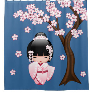 White Kimono Kokeshi Doll Niedlich Geisha Girl Blu Duschvorhang