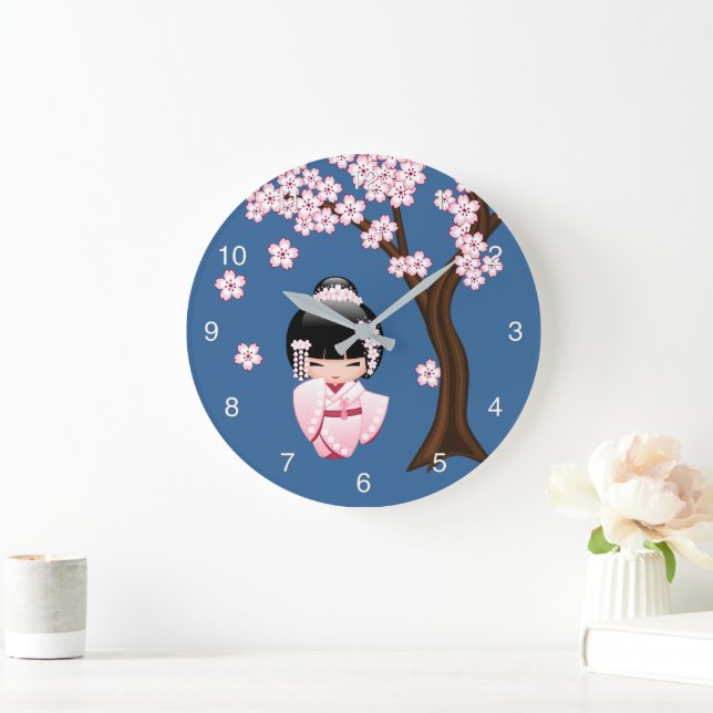 White Kimono Kokeshi Doll Niedlich Geisha Girl Blu Große Wanduhr (Zuhause)