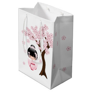 White Kimono Kokeshi Doll Niedlich Geisha Girl Blu Mittlere Geschenktüte