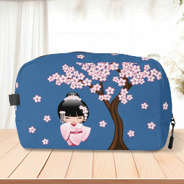 White Kimono Kokeshi Doll Niedlich Geisha Girl Blu Waschbeutel