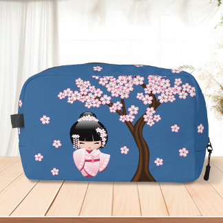 White Kimono Kokeshi Doll Niedlich Geisha Girl Blu Waschbeutel