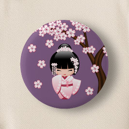 White Kimono Kokeshi Doll - Niedlich Geisha Girl Button