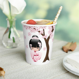 White Kimono Kokeshi Doll - Niedlich Geisha Girl Pappbecher