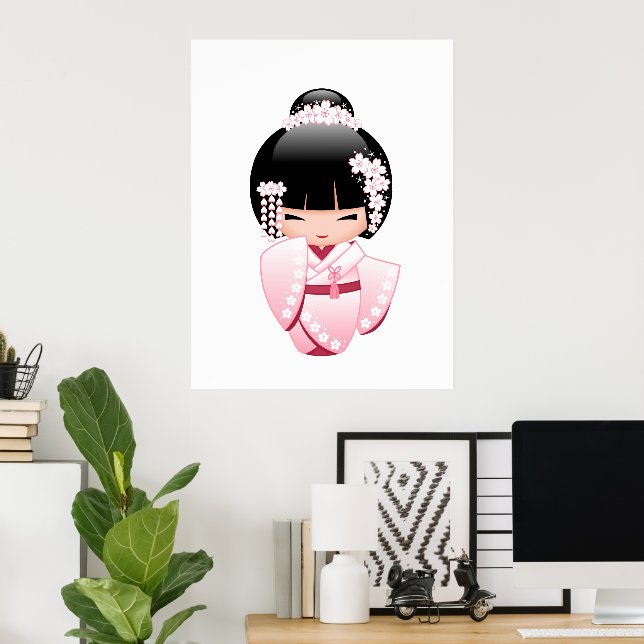 White Kimono Kokeshi Doll - Niedlich Geisha Girl Poster (Heimbüro)