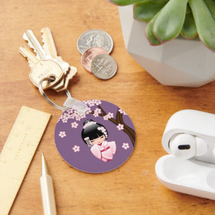 White Kimono Kokeshi Doll - Niedlich Geisha Girl Schlüsselanhänger