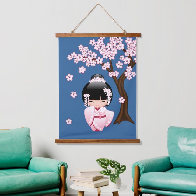 White Kimono Kokeshi Doll - Niedlich Geisha Girl Wandteppich Mit Holzrahmen (Wohnzimmer)