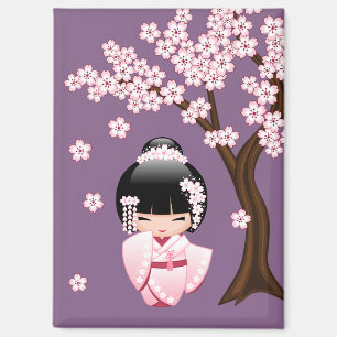 White Kimono Kokeshi Doll - Niedlich Geisha Lila Magnet
