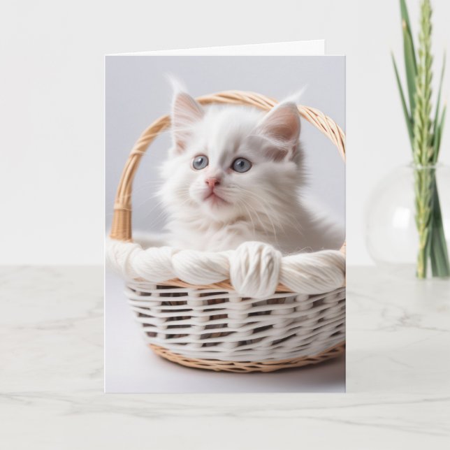 White Kitten in Basket zum Nachdenken Karte (Vorderseite)