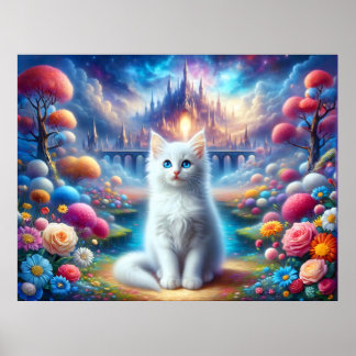 White Kitten in einer mystischen Fantasie Poster