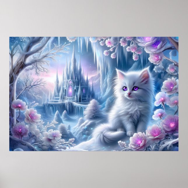 White Kitten in Fantasy Ice Kingdom Poster (Vorne)