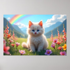 White Kitten in Landschaftlich Fantasy Meadow Poster
