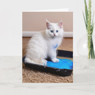 White Kitten in Paint Tray for Friend Karte