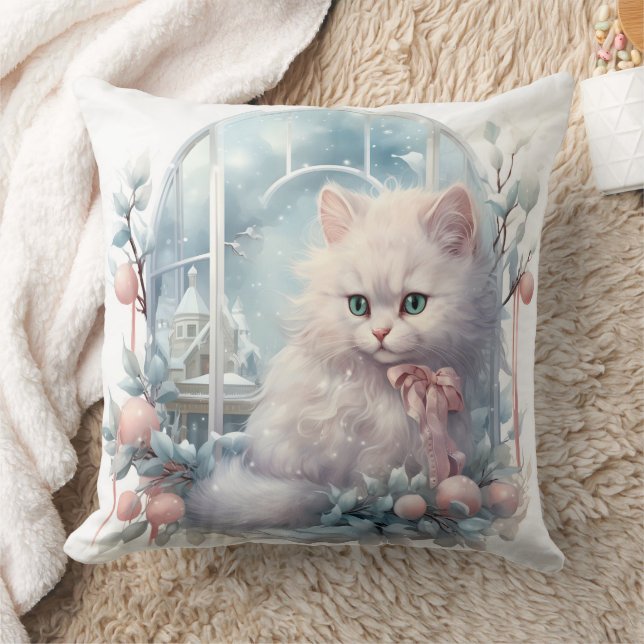 White Kitten Pink Bow und Balls Kissen (Decke)