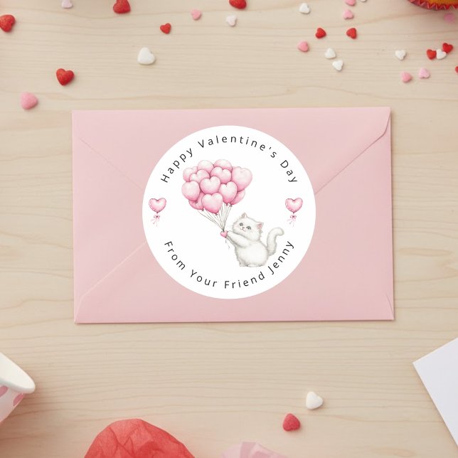 White Kitten Pink Hearts Balloons Valentine's Kids Runder Aufkleber (Von Creator hochgeladen)