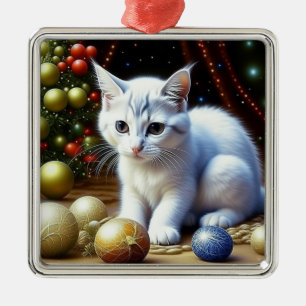 White Kitten Spiel mit Gold Weihnachtsschmuck