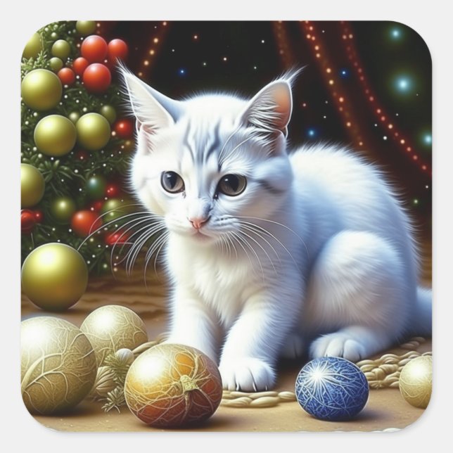 White Kitten Spiel mit Gold Weihnachtsschmuck Quadratischer Aufkleber (Vorderseite)